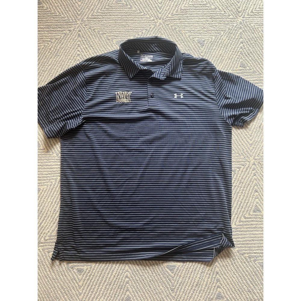Under Armour Loose Heat Gear Navy Football Polo Shirt - Blue/Grey Stripe - 2XL